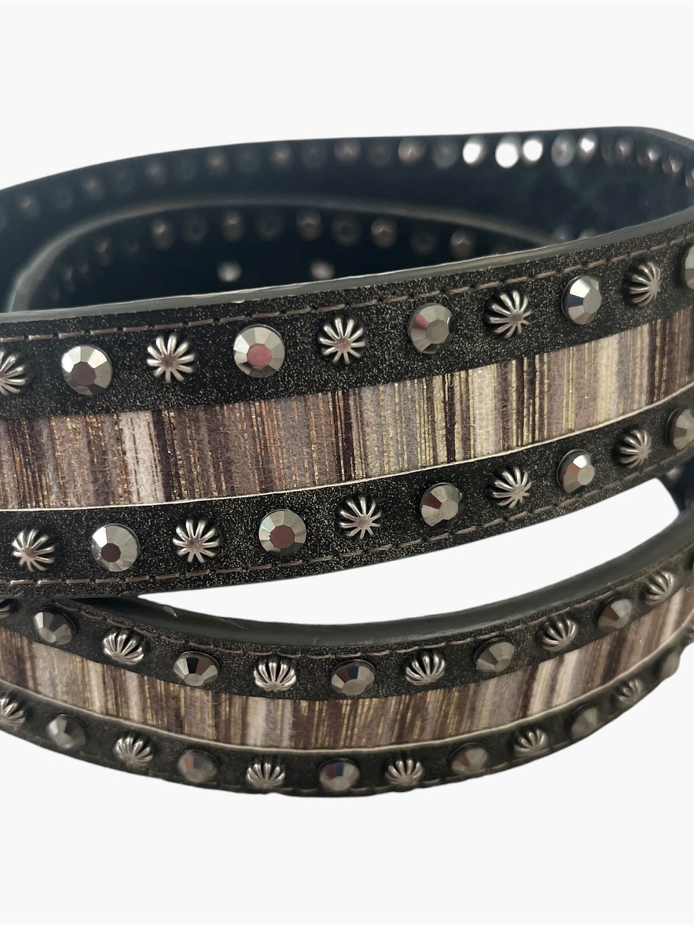 Black Leather Belt with Silver and Bronze Embellishment - No Buckle